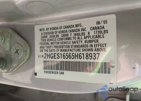 2005 Honda Civic Lx из США, поврежденный, VIN 2HGES16565H618937